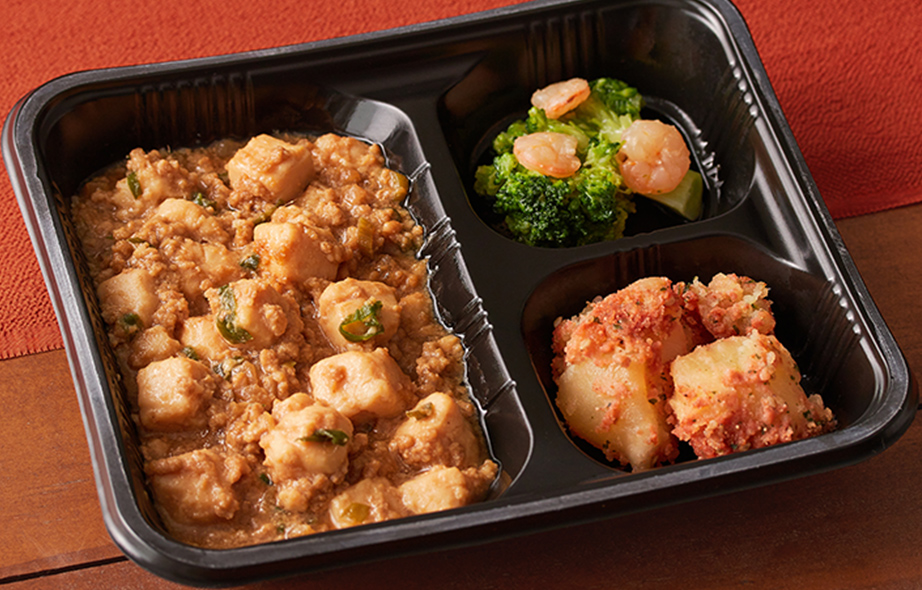和食例：麻婆豆腐、ブロッコリーのの中華炒め。じゃが芋のタラマヨ和え